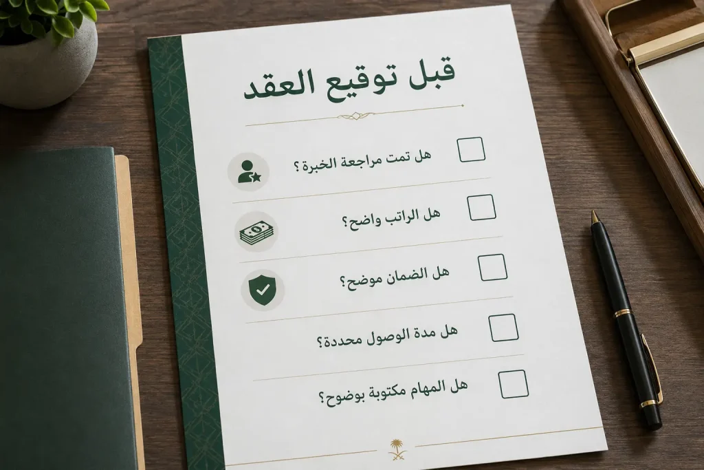 قائمة أسئلة قبل توقيع عقد استقدام عاملة منزلية.