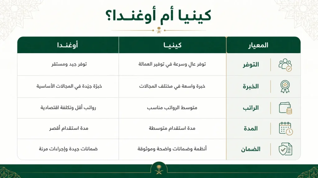 مقارنة مرئية بين التوفر والخبرة والراتب والمدة والضمان.