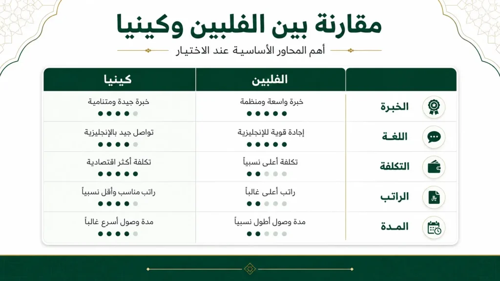 مخطط يوازن بين الخبرة، اللغة، التكلفة، الراتب، المدة.
