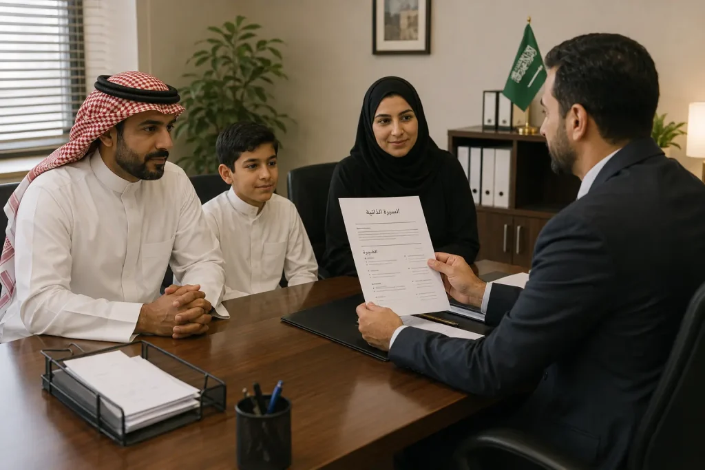 أسرة تراجع سيرة عاملة منزلية مع مستشار استقدام.
